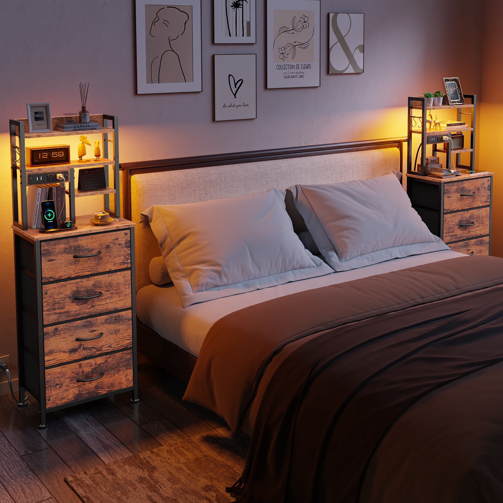 Satifur Tall Nightstand with Charging Station and LED Lights, Bedside Table with 4 Drawers and Bookshelf, Rustic Brown