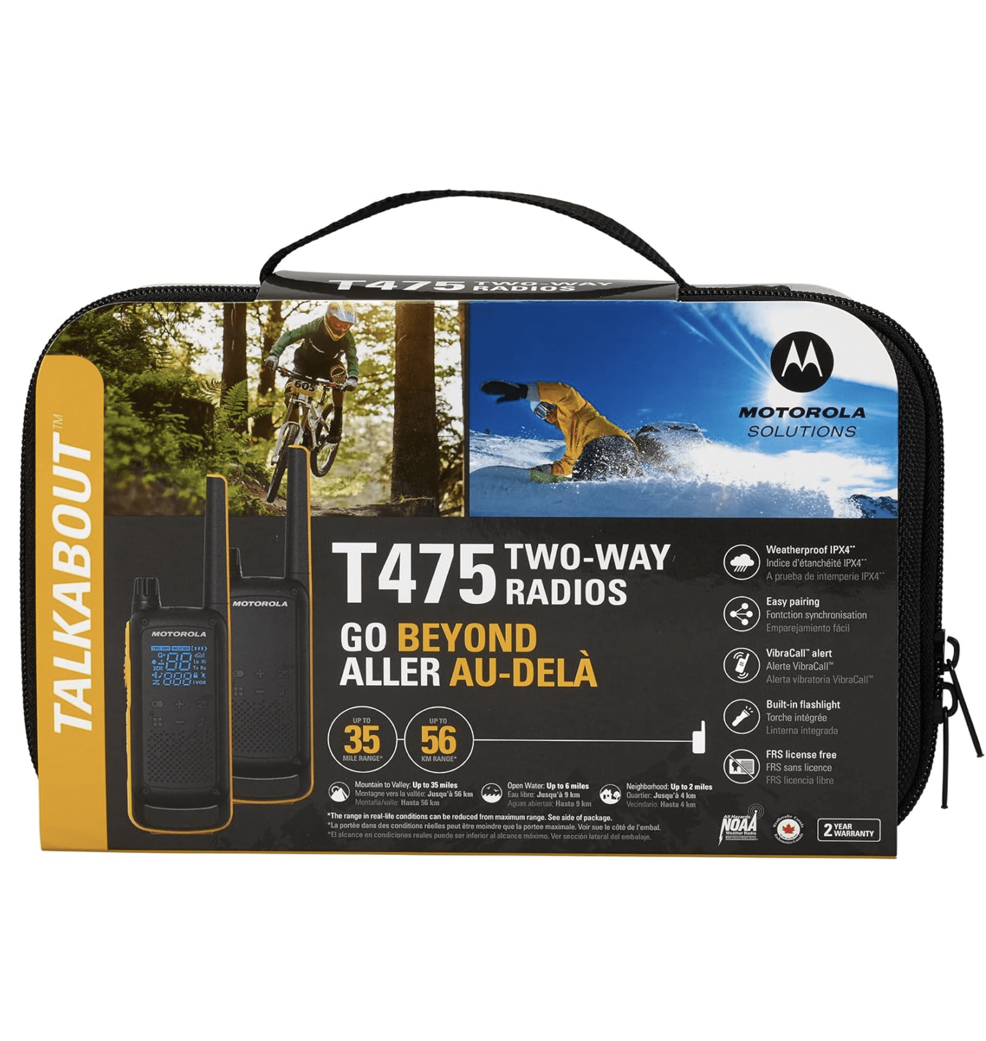 Motorola Talkabout, Portable FRS T475 Two Way Radio, 8 Pack Walkie Talkies Black/Yellow 22 Channels PTT Earpieces Dual Chargers