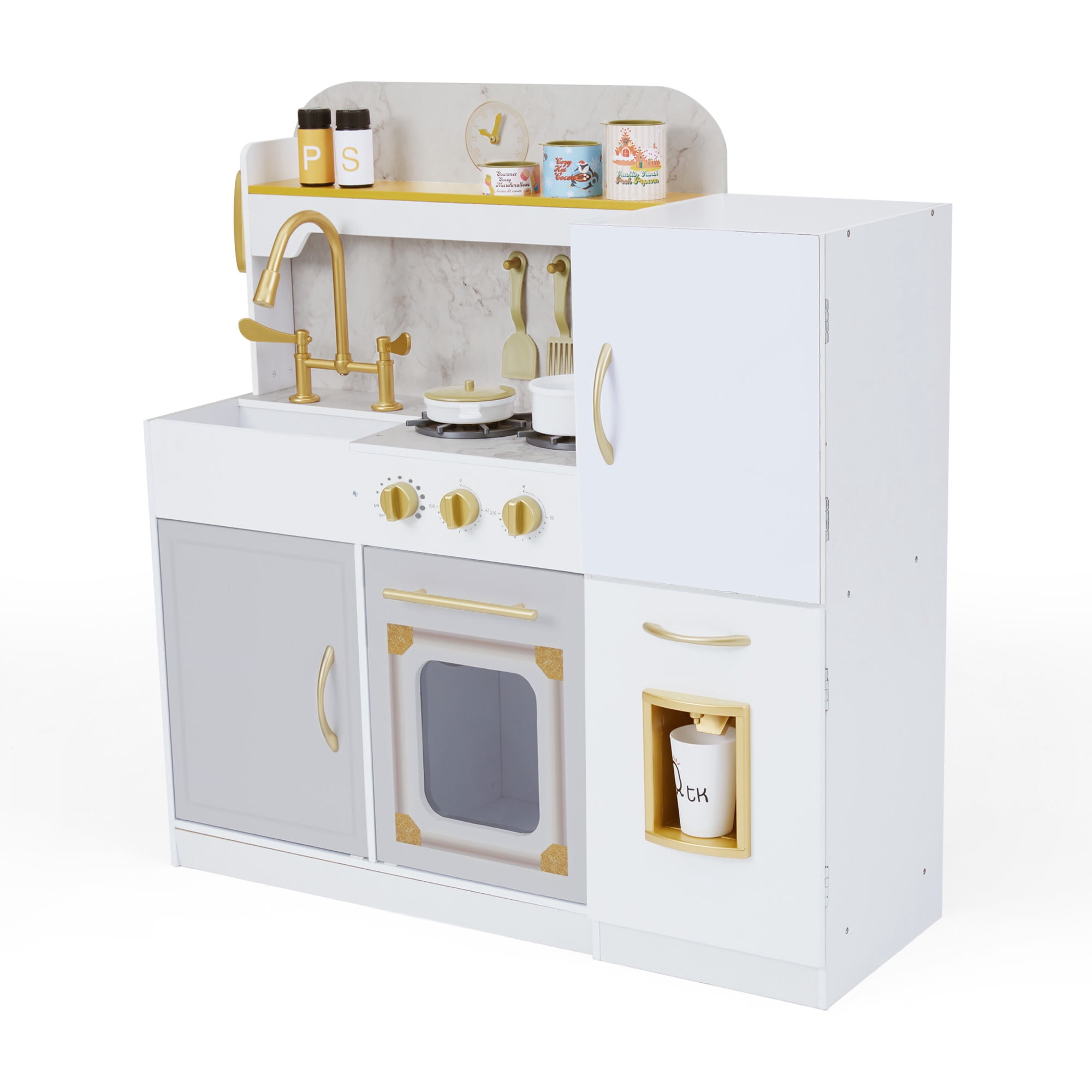 Teamson Kids Play Kitchen Set with Refrigerator, 17 Accessories, Interactive White Pretend Play Wooden Kitchen with Gold Tap - Little Chef Versailles