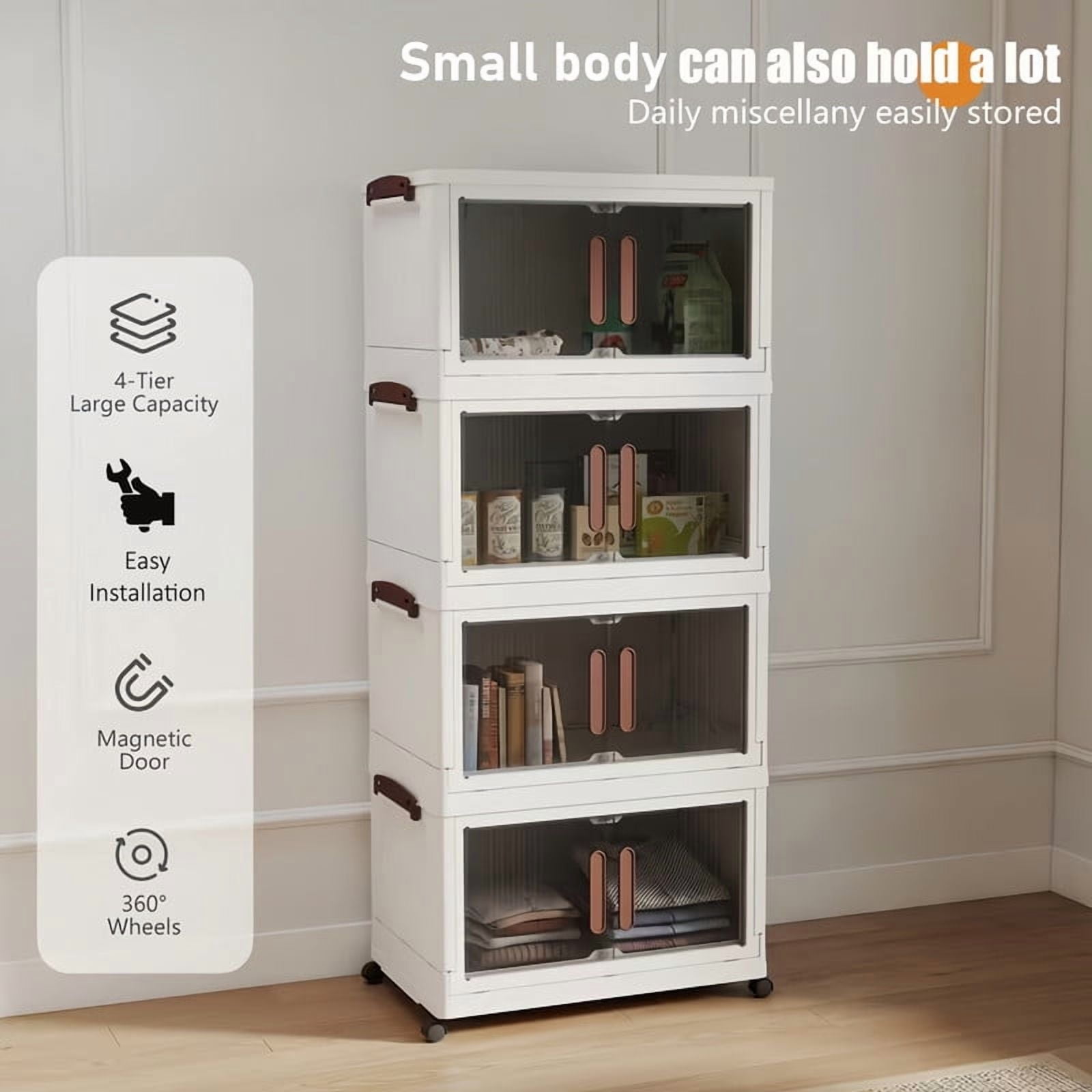 Howcool 3/4/5-Tier Stackable Storage Bins with Lid, Foldable Storage Box Cabinet with Wheels & Acrylic Doors