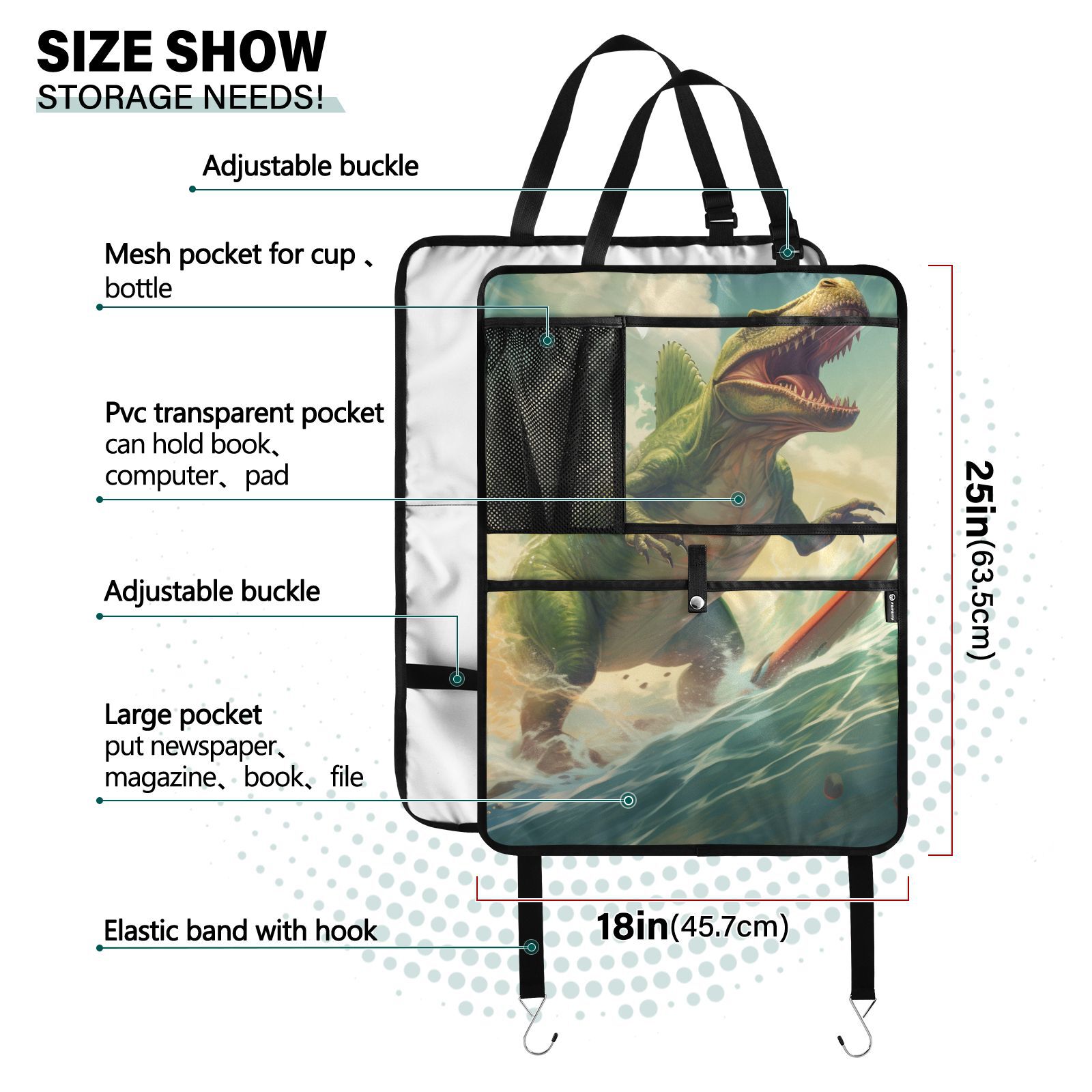 Dinosaur surfing epic wave ride(18) 4 Pack Kick Mat Backseat Protector,Car Seat Back Protectors with Pocket Storage Organizer for Car, SUV, Minivan or Truck Seats