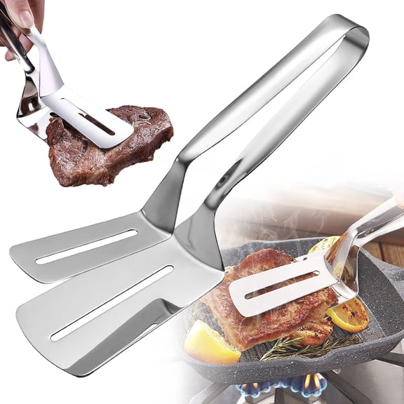 2026 Stainless Steel Grill Clamp, Double-Sided Spatula Tongs with Anti-Scald Extended Handle, Multipurpose Kitchen Tongs for Flipping Steak Fish Bread Pizza BBQ