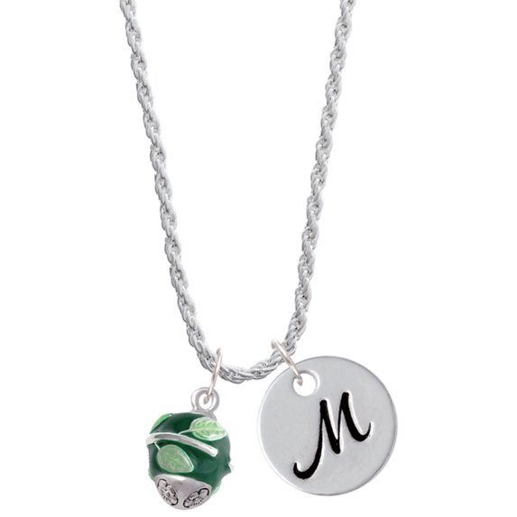 Delight Jewelry Silvertone Lime Leaves on Green Band Spinner Silvertone Script Initial Disc - M - Charm Necklace, 20"+3"