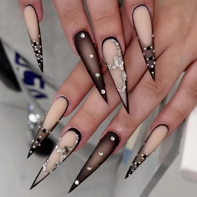 Uñas postizas largas de aguja, negras con efecto degradado y diamantes de imitación, 24 unidades, acrílicas, para pegar, estilo gótico.