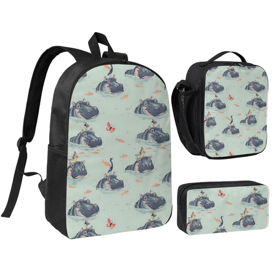 Hippo Backpack Set 3pc ,Backpack with Lunch Bag and Bag 17 Inch