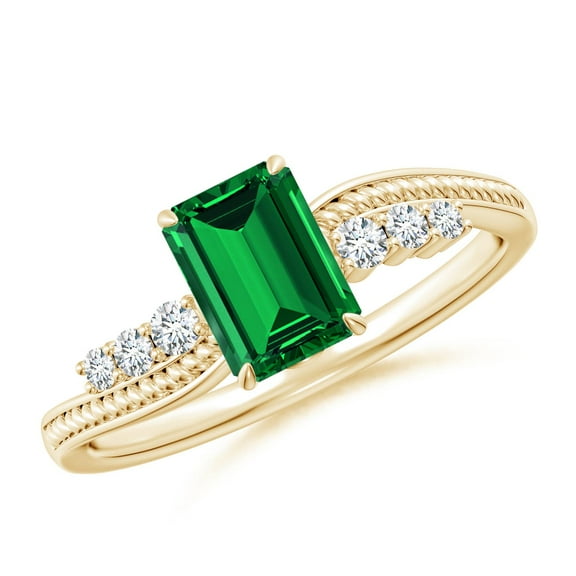 ANGARA Lab Grown 1 Ct Vintage Style Emerald Bypass Shank Engagement Ring for Women in 14K Yellow Gold (Size-7x5mm) | May Birthstone, Anniversary, Jewelry Gift for Women | Lab-Grown Emerald Ring
