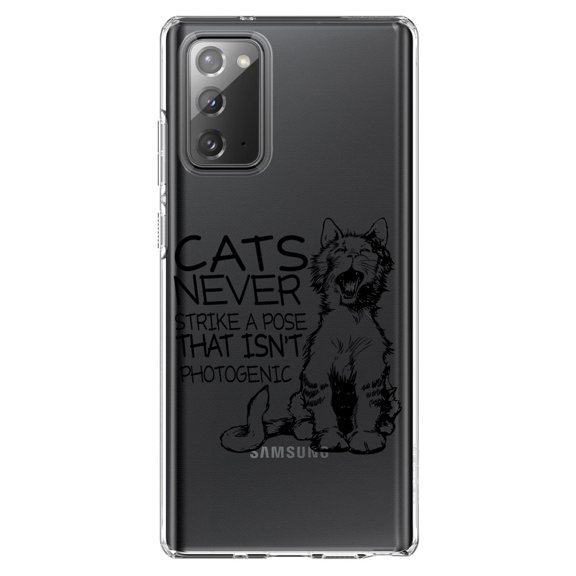 DistinctInk Clear Shockproof Hybrid Case for Samsung Galaxy Note 20 (6.7" Screen) - TPU Bumper Acrylic Back Tempered Glass Screen Protector - Cats Never Strike a Pose not Photogenic