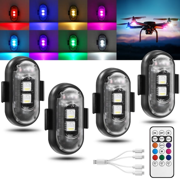 4PCS Upgraded 4LEDs Wireless LED Strobe Lights with Remote Control,High Brightness 8 Colors Type-C Interior Car Lights Anti-Collision Warning Lights for Car Interior Drone Bike Motorcycle