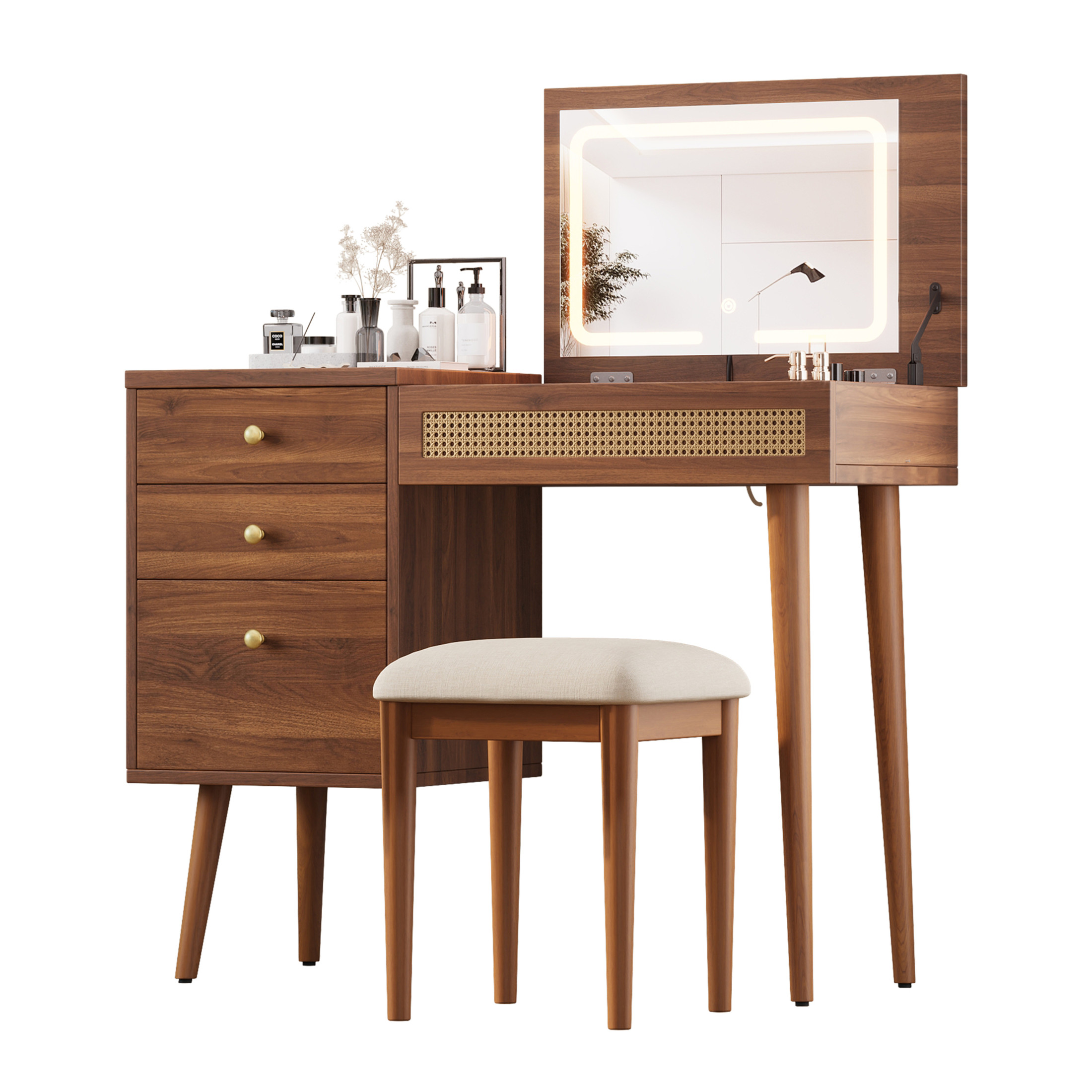 Noble House 39"  Vanity Desk with LED Lighted Mirror, Flip-Top Design, 3 Drawers and 10 Compartments,Walnut