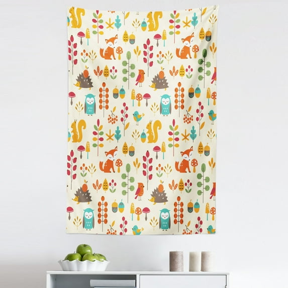 Cartoon Tapestry, Autumn Pattern Owl Fox Squirrel Birds Animal Leaves Print, Fabric Wall Hanging Decor for Bedroom Living Room Dorm, 5 Sizes, Multicolor, by Ambesonne