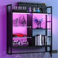 thumbnail image 2 of Gaming Floating Shelves,34" LED Wall-Mounted Shelf with Adjustable Glass Shelf, 3-Tier Gaming Shelves Hanging Display Rack with 6 S-Hooks for Gaming Room Decor Wine Coffee Bar - Black, 2 of 9