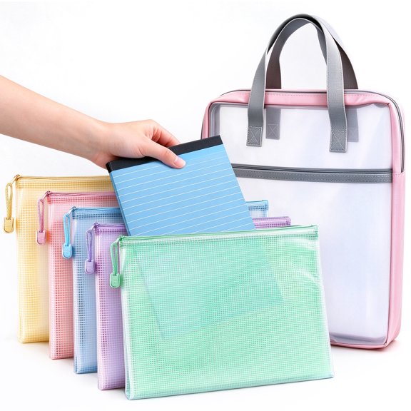 PVC Mesh Zipper Pouch Set – 5 Colorful A4/Letter File Bags   1 Organizer Tote, Waterproof Document Holder for Office, School & Travel
