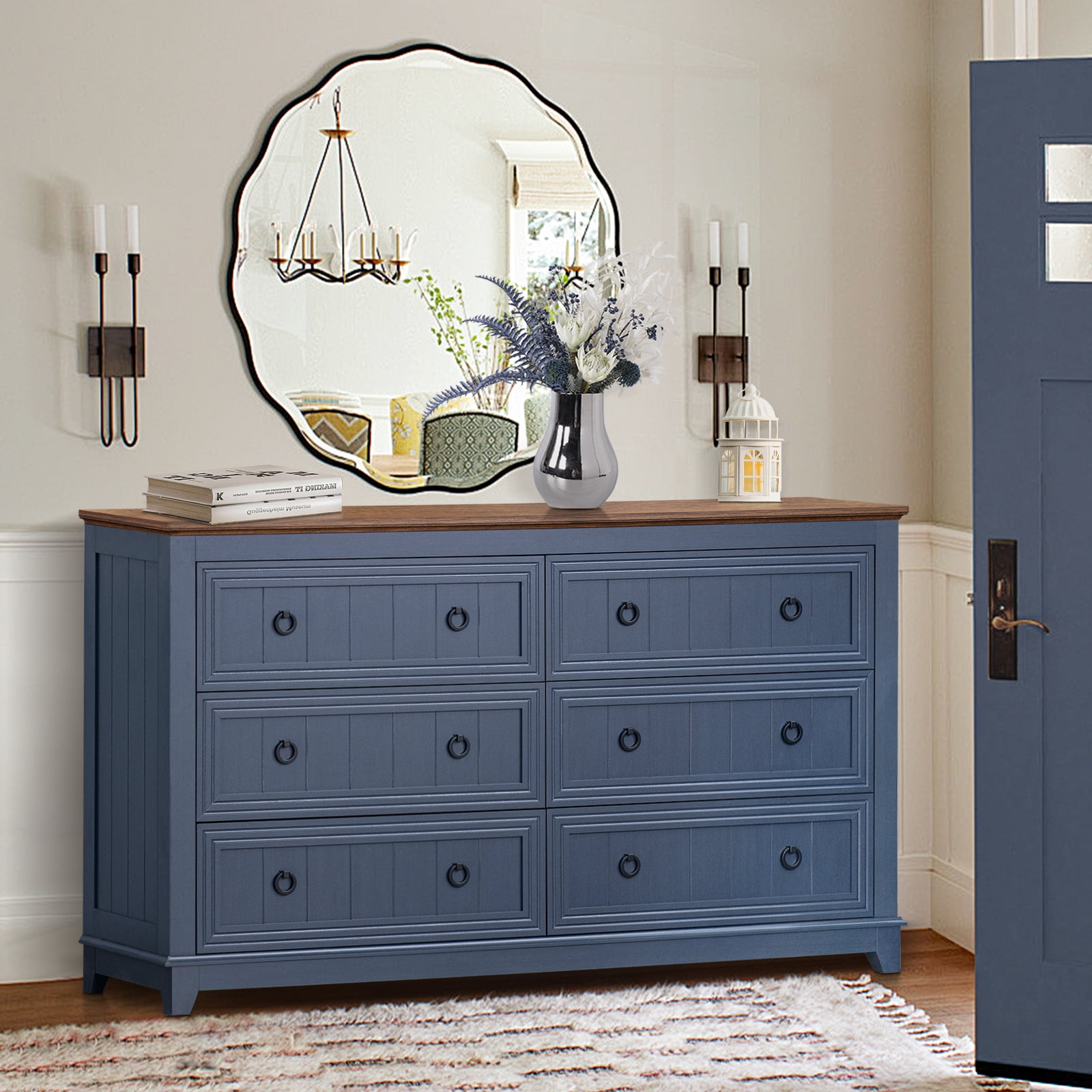 6 Drawer Dresser, Mid Century Modern Dresser with Storage, 54" Wide Chest of Drawers with Wood Grain Texture for Bedroom, Living Room, Hallway, Blue