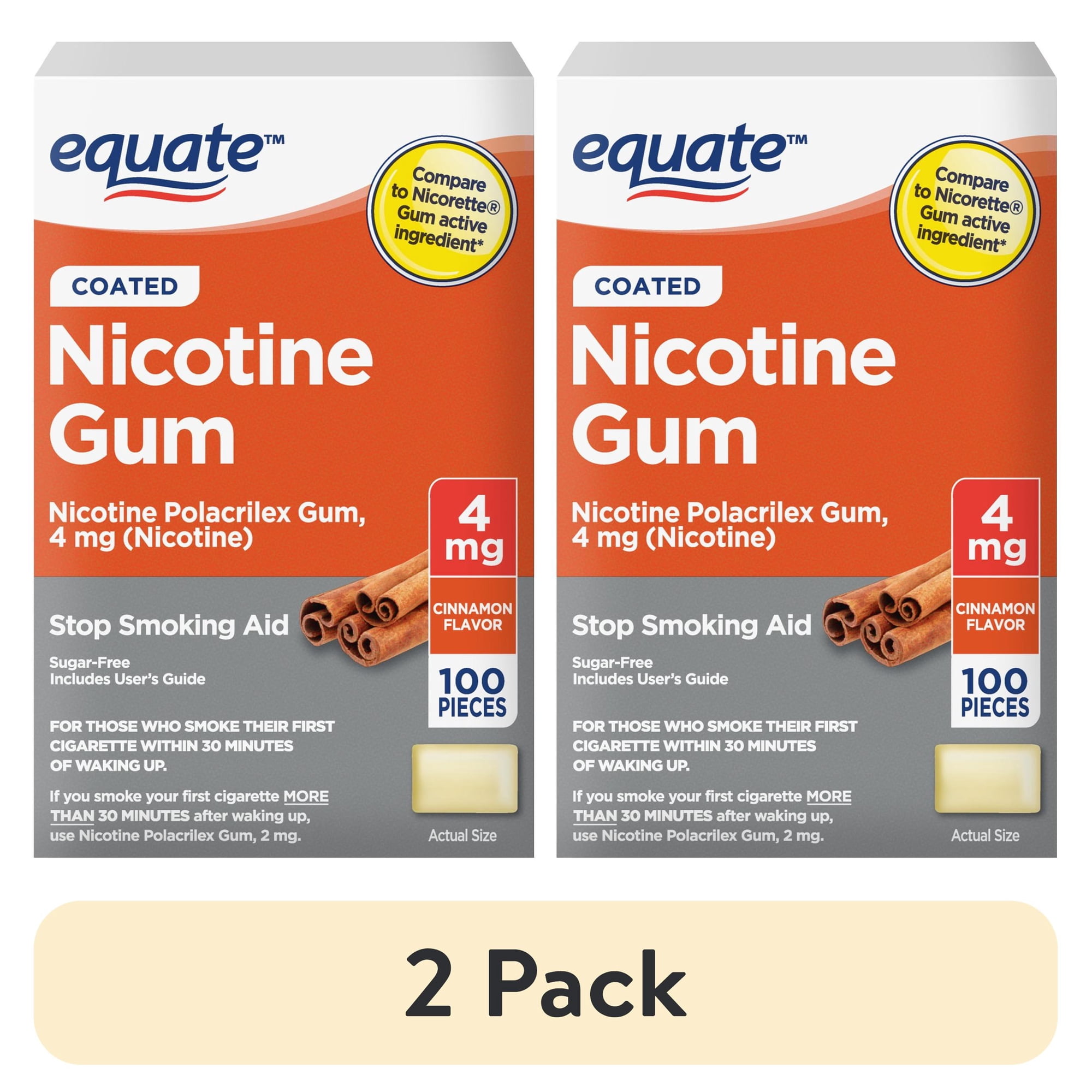 (2 pack) Equate Nicotine Polacrilex Coated Gum 4 mg, Cinnamon Flavor, Stop Smoking Aid, 100 Count