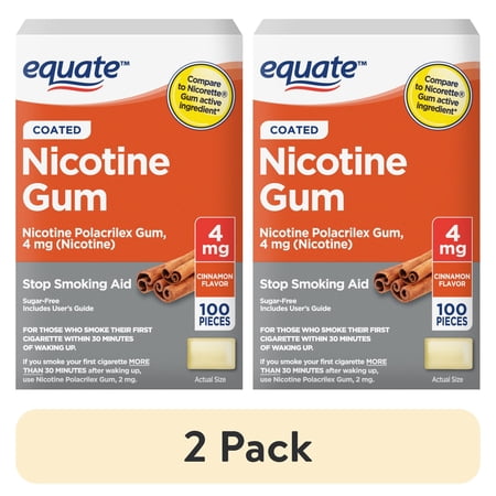 (2 pack) Equate Nicotine Polacrilex Coated Gum 4 mg, Cinnamon Flavor, Stop Smoking Aid, 100 Count
