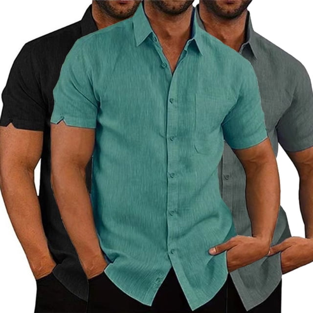 Chemises d'Été en Lin de Coton pour Hommes Casual Chemises à Manches Courtes Blouses Col Rabattu Solide Chemises de Plage Formelles Vêtements pour Hommes