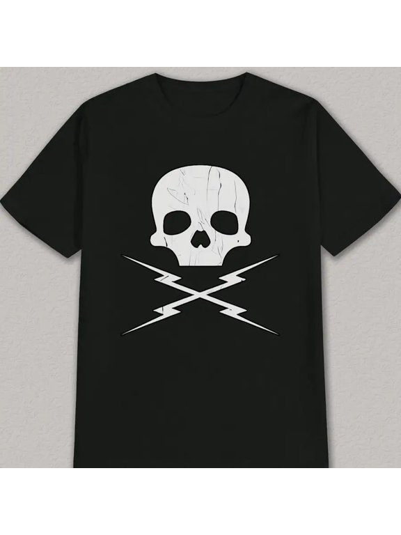 New ArrivalMen'S Summer Casual Graphic Tee - Skull And bones with Lightning Bolt Design Black with White Print Lightweight And