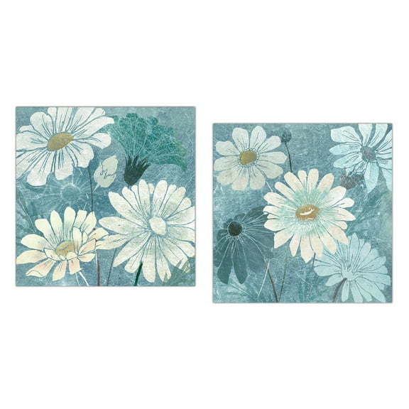 White Teal and Blue Blooming Daisy Adult Floral Decor; 2 - 12" x 12" Unframed Posters