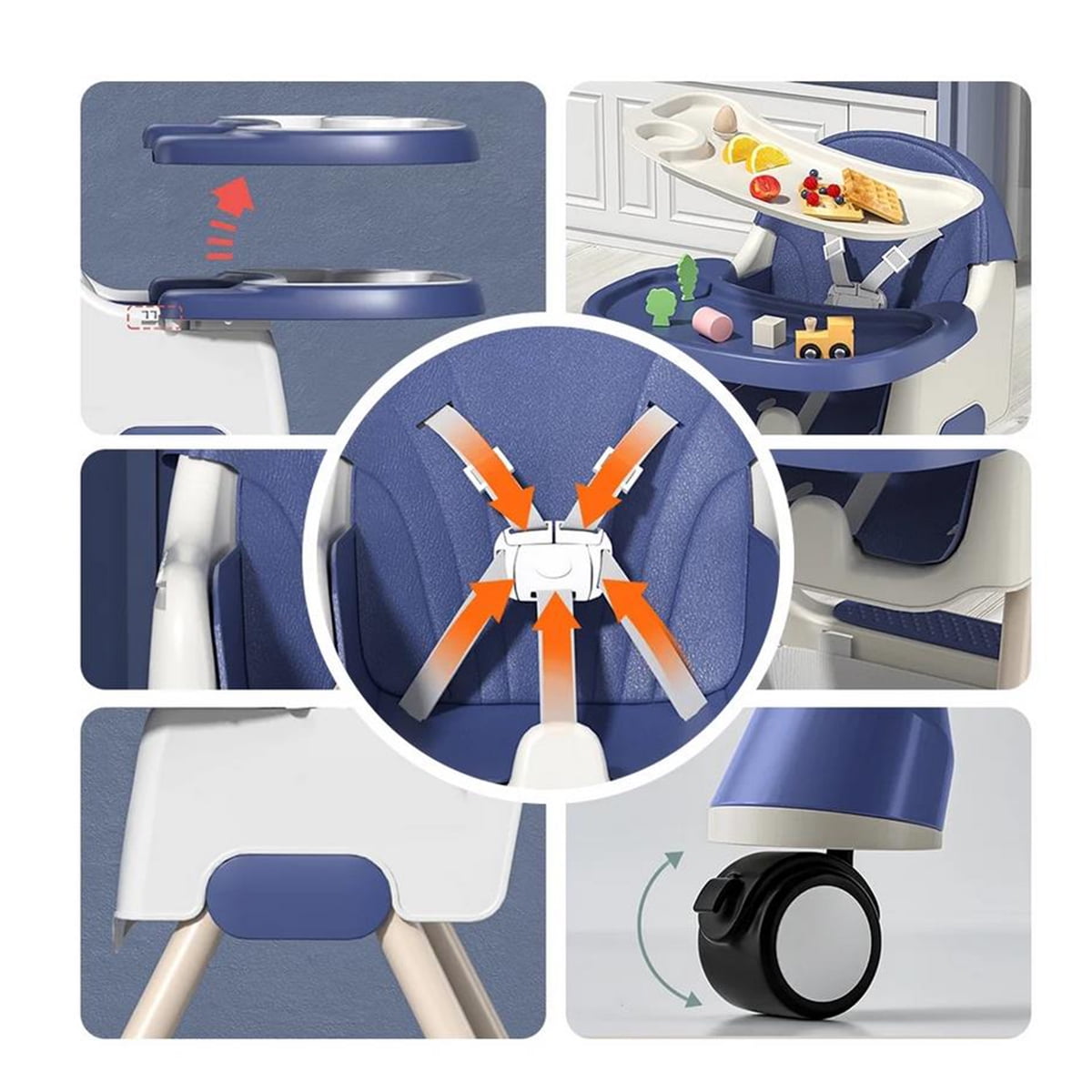 PUEDO 4-in-1 Baby High Chair Portable Toddler Dining Chairs Eat & Play Convertible Highchair with Adjustable Tray, Blue