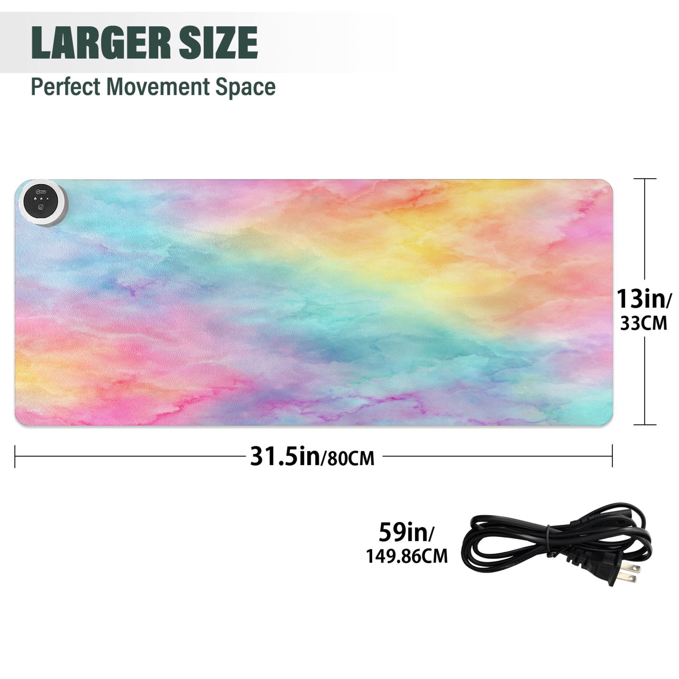 Large Heated Desk Mat Mouse Pad 31.5"x13"PU Leather Graphene Heating Desk Warmer with 3 Temperature Settings 110V US Plug Non-Slip Warm Pad for Home, Office, and Gaming Pastel Rainbow Tie-dye Pattern