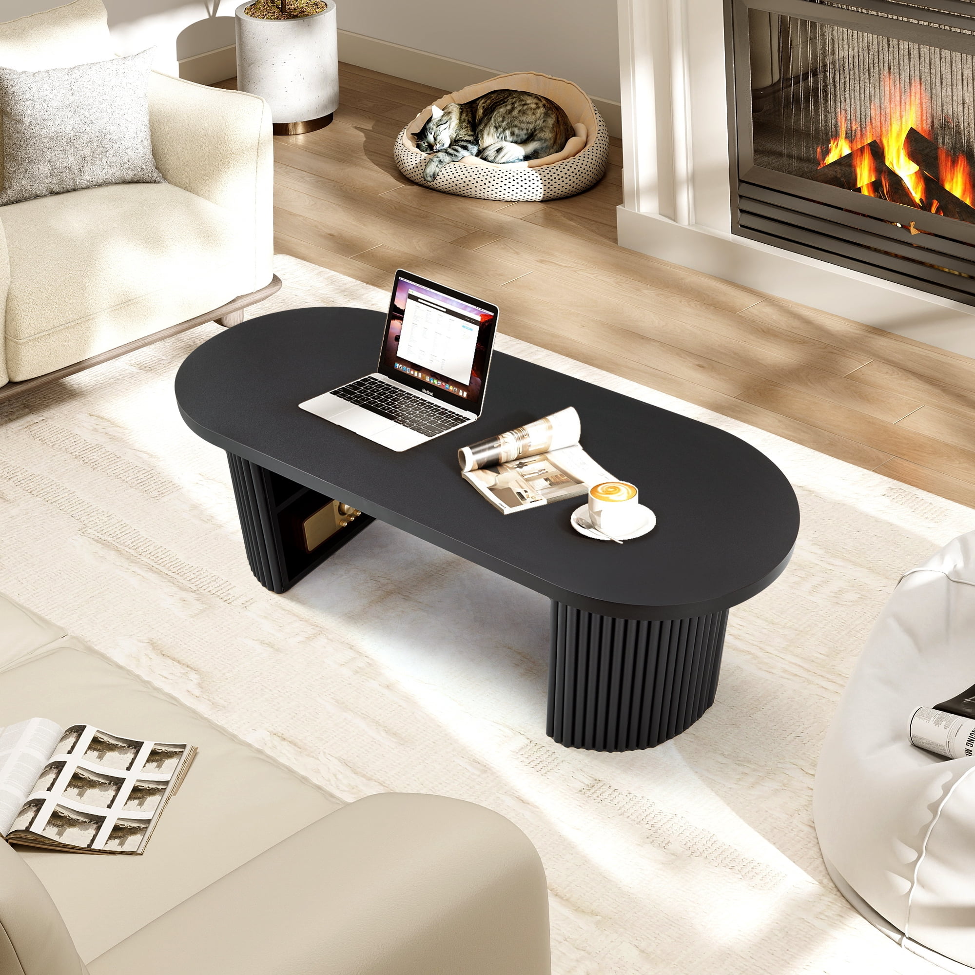 Wirrytor Mid-Century Oval Fluted Coffee Table with Hidden Storage, 47" Wood Center Table for Living Room, Black