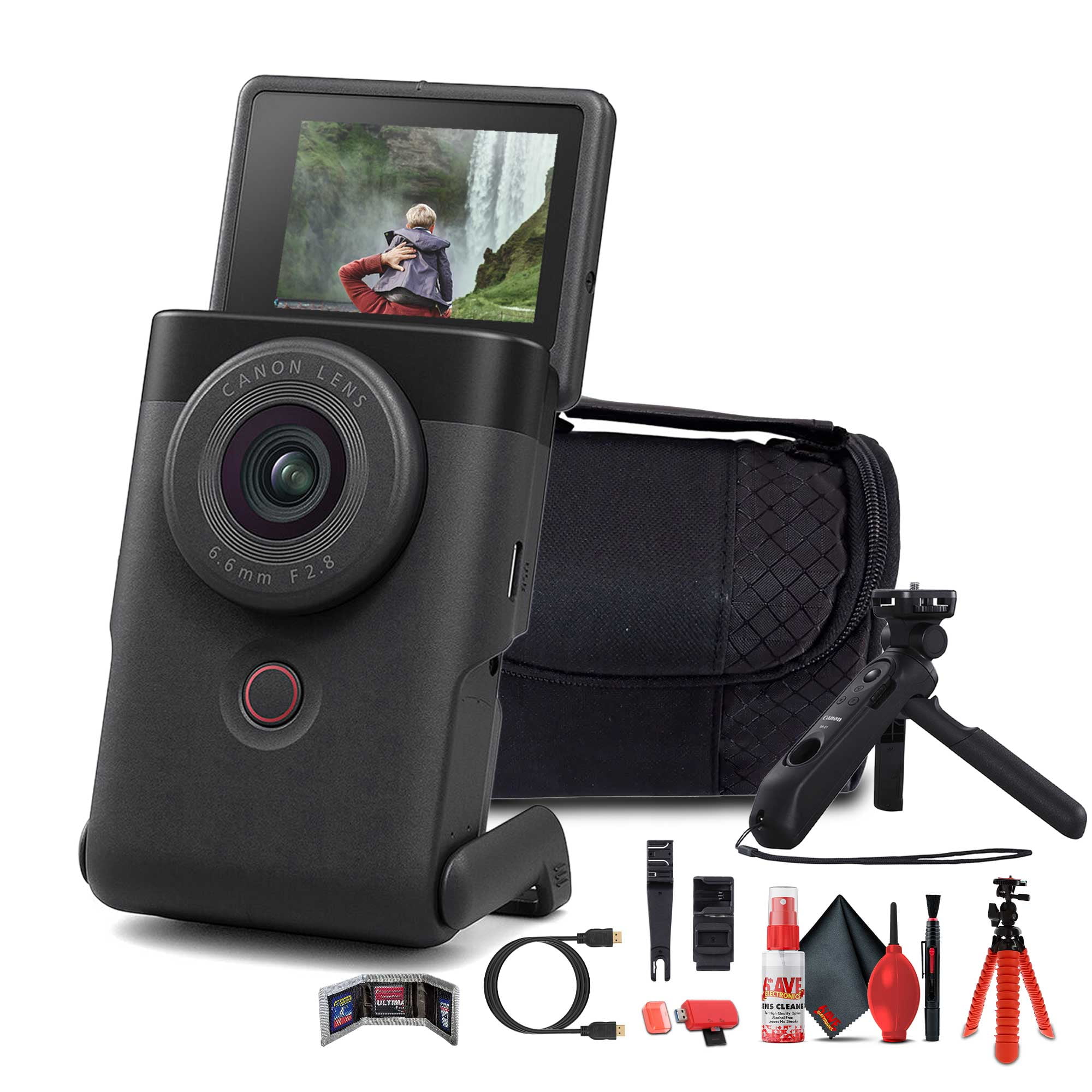 Canon PowerShot V10 Content Creator Compact Vlogging Camera Black 5947C002 Canon DM-E100 Mic Tripod Grip 64GB Memory Card Camera Bag Flexible Tripod Cleaning Kit HDMI Cable International Model