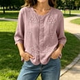 thumbnail image 4 of Qulqfy Cotton Linen Women's Blouses 3/4 Length Sleeve Casual Crew Neck Floral Print Button Down Purple Spring Women Summer Tops L, 4 of 7