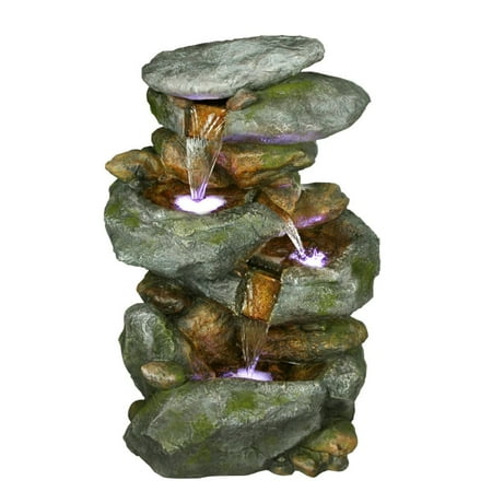 - Alpine Rock Waterfall Fountain With LED Lights, 22 Inch Tall