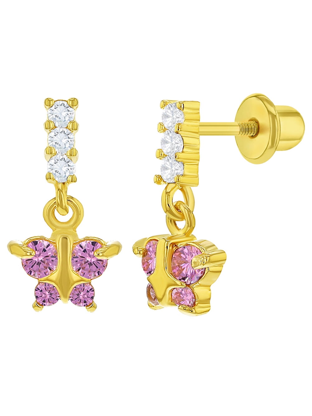 Gold Plated Pink & Clear CZ Dangling Butterfly Screw Back Girl Earrings