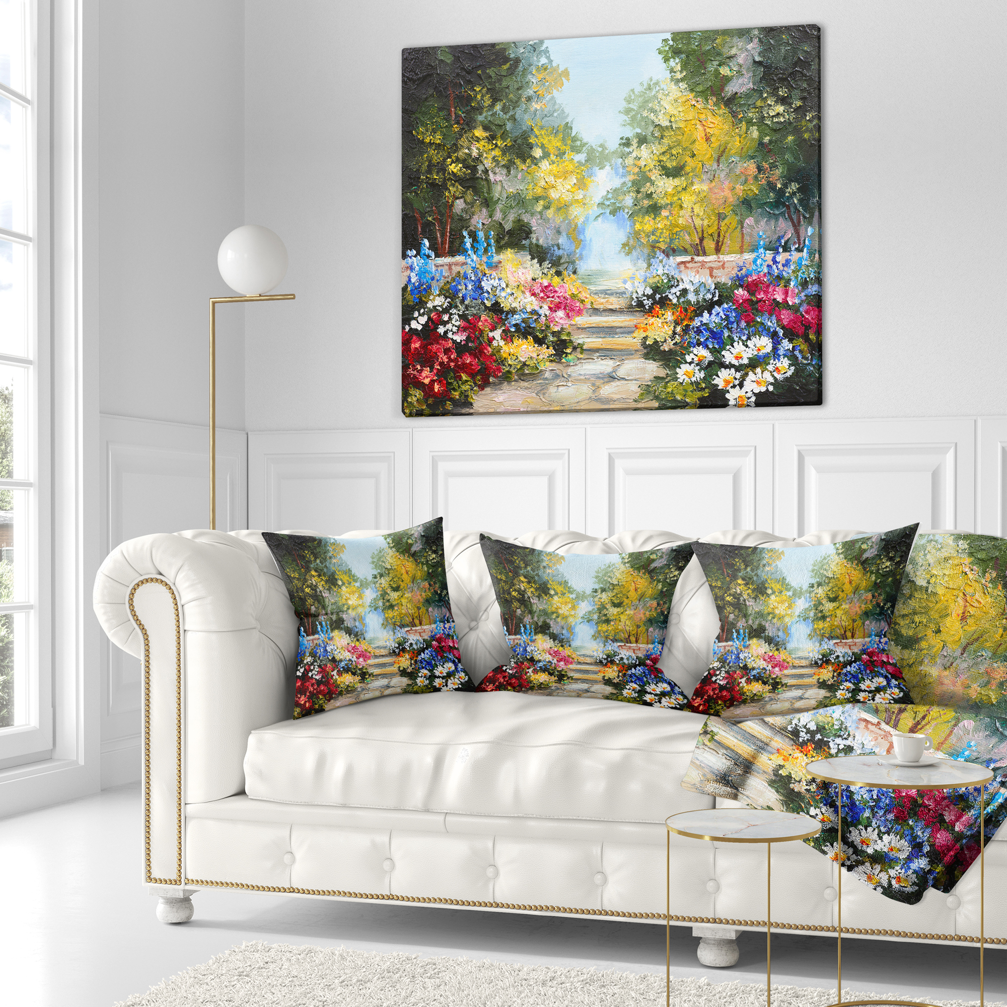 Designart Summer Forest with Flowers - Landscape Printed Throw Pillow - 18x18