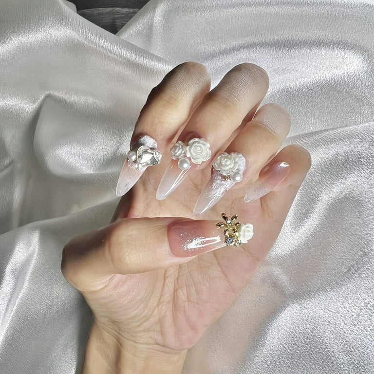 Extra Long Coffin Press On Nails, 3d Flower, Heart Rhinestone