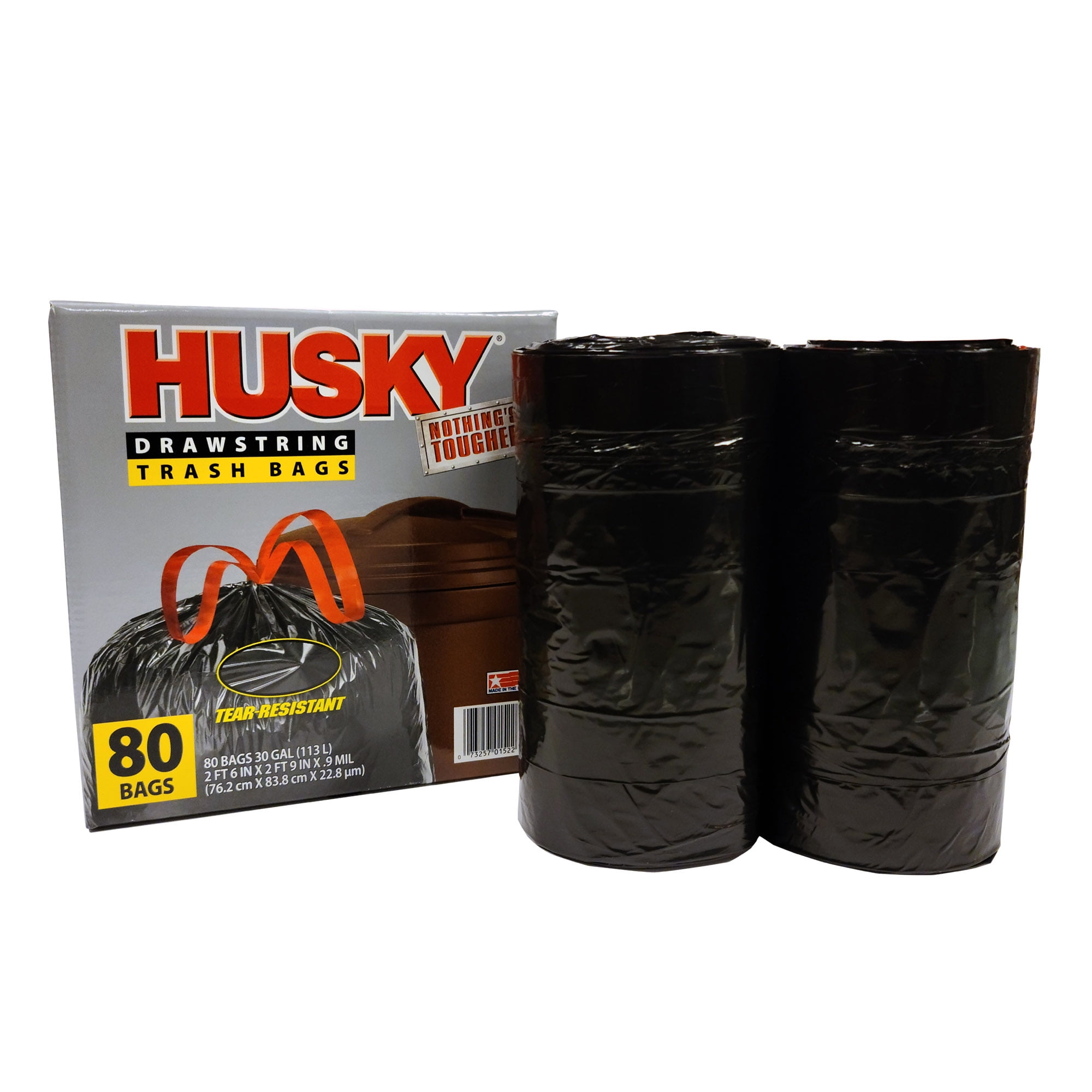 Husky Large Trash Bags, 30 Gallon, 80 Black Bags (Unscented, Tear-Resistant, Drawstring, 10% PCR)