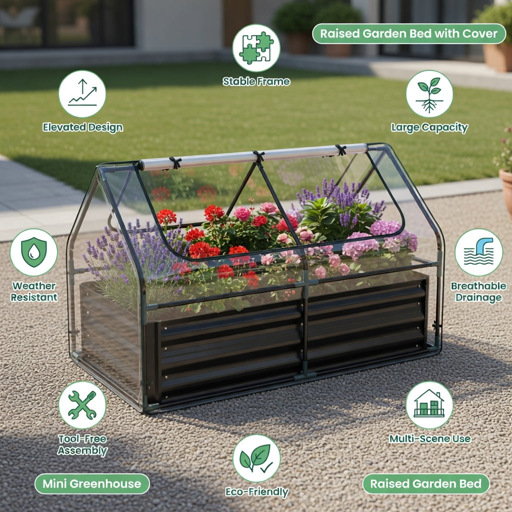 Topcobe 69 x 33 x 12 Inch Galvanized Raised Garden Bed with Cover, Vertical Planters for Outdoor Plants, Garden Beds Outdoor-Black