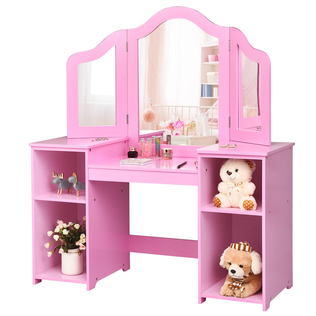 Forclover 2 in 1 Kids Vanity, Princess Makeup Desk Dressing Table with