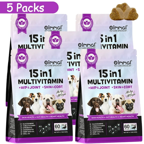 Oimmal Dog 15 in 1 Multivitamin Supplements - 60 Soft Chews, Immunity, Joint and Heart Health Support - Natural Dog Vitamins with Msm, Cranberry, Glucosamine for Dogs - 5Pack