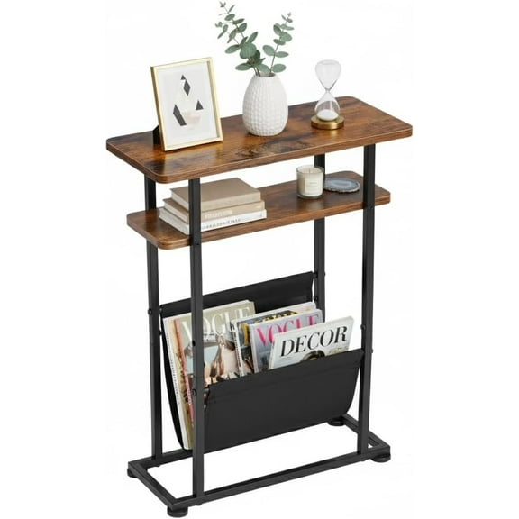 Narrow Small Side Table for Small Spaces - Slim End Table with Magazine Rack - 2 in 1 Narrow End Table Living Room - Skinny Bedside Table Nightstand Bedroom Thin Side Table, Rustic Brown