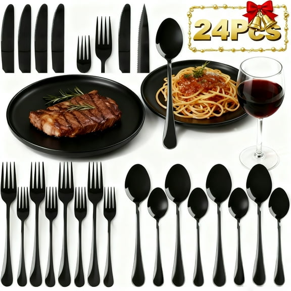 24-Piece Black Silverware Set with Steak Knives Flatware Set for 4 Food-Grade Stainless Steel Cutlery Set Mirror Polished Utensils Set Include Spoons and Forks for Home Kitchen Restaurant