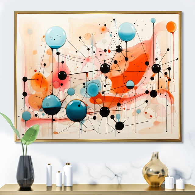 Designart art Mural Encadré Abstrait Mi-Siècle Surdimensionné, art Mural Encadré Mi-Siècle, art Mural Encadré Coloré Mi-Siècle Moderne Atomique, Multi-Couleur, Cadre Doré