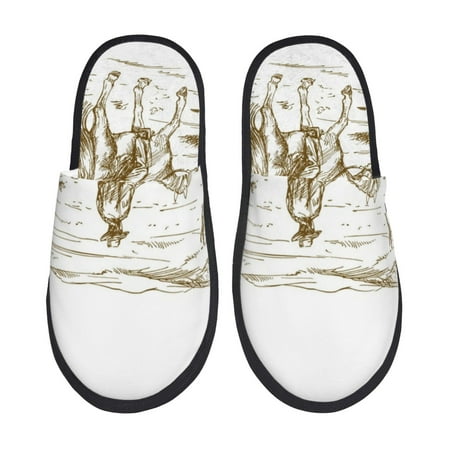 Balery Western Desert Cowboys Slient Indoor Furry Fleece Comfort House Shoes Soft Non-Slip Home Shoes Cotton slippers House Slippers-- Large