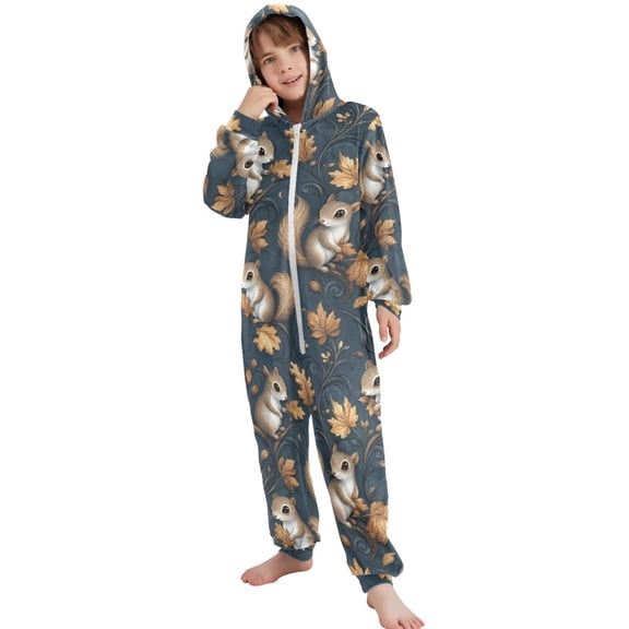 JOOGOO Cute Squirrels Pattern Unisex Onesie Pajamas Jumpsuit Kids One-Piece Hooded Sleepwear 7-8T
