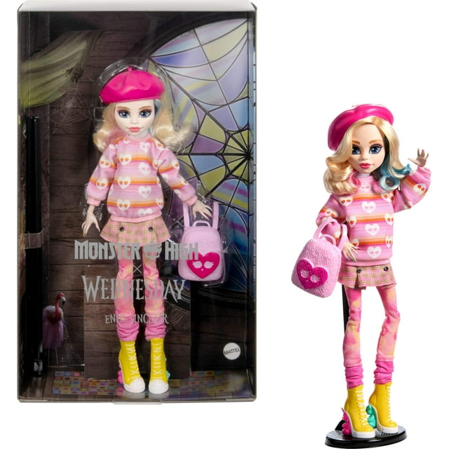 Muñeca y accesorios Monster High Wednesday, Enid Sinclair coleccionable en color rosa con boina y mochila, soporte para muñecas