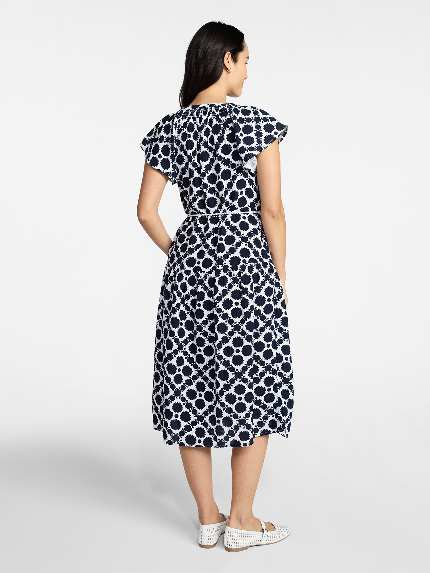 Time and Tru Women's Cotton Double Cloth Midi Dress with Short Flutter Sleeves, Sizes XS-XXXL