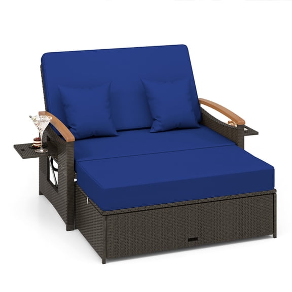 Spaco Outdoor Wicker Daybed with Folding Panels and Storage Ottoman-Navy, Wicker Furniture Conversation Sets for Garden, Poolside, Backyard