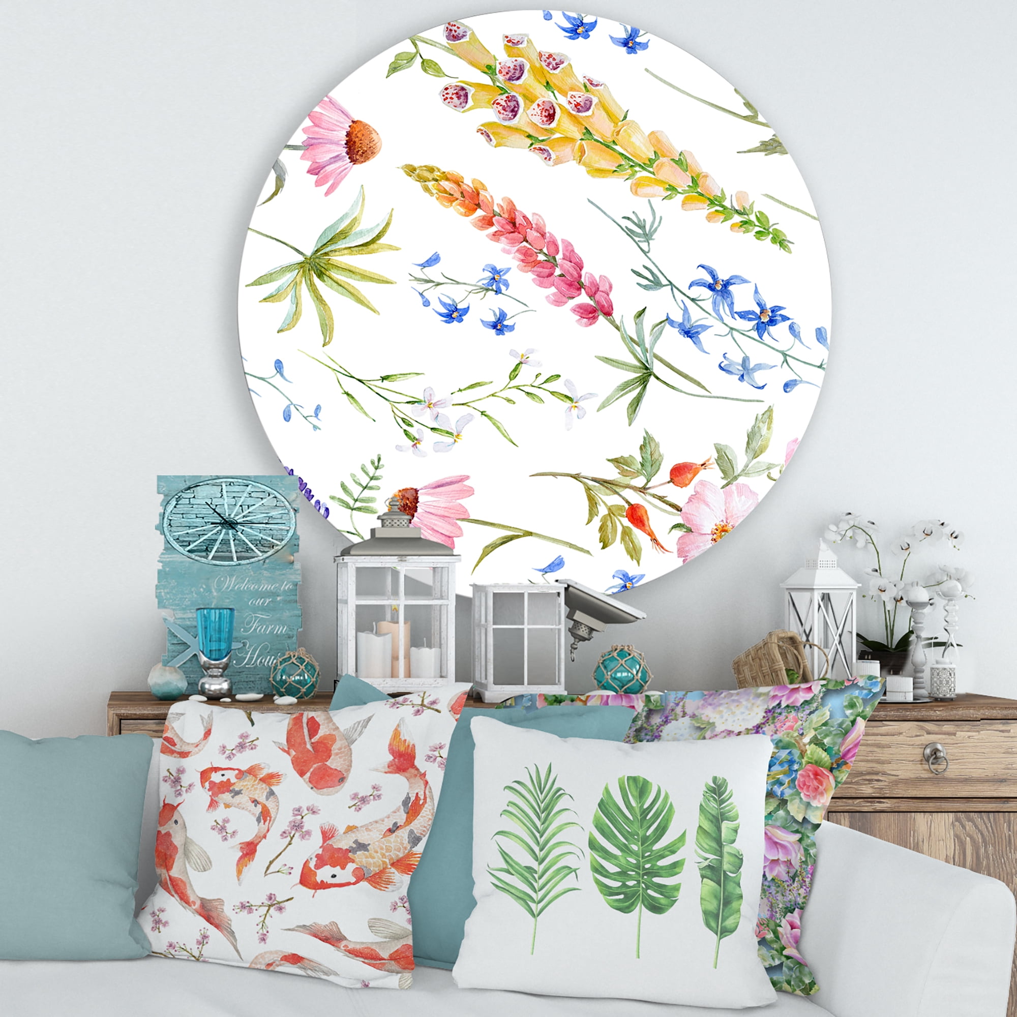 Designart 'Vibrant Summer Wildflowers On White I' Traditional Circle Metal Wall Art 36x36 - Disc of 36