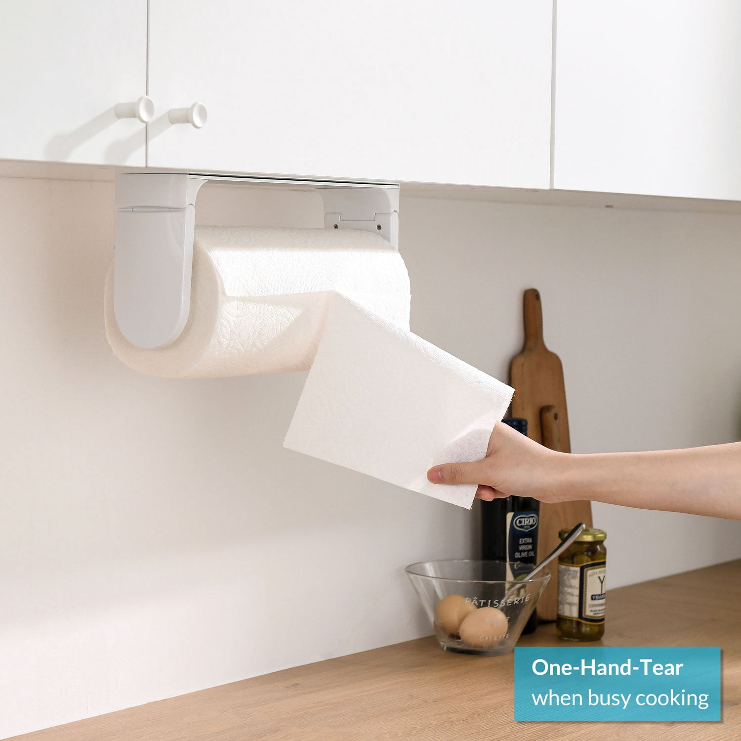 simpletome ONE HAND TEAR Paper Towel Holder Under Cabinet Adhesive or Drilling Installation Aluminum Alloy + ABS (White)