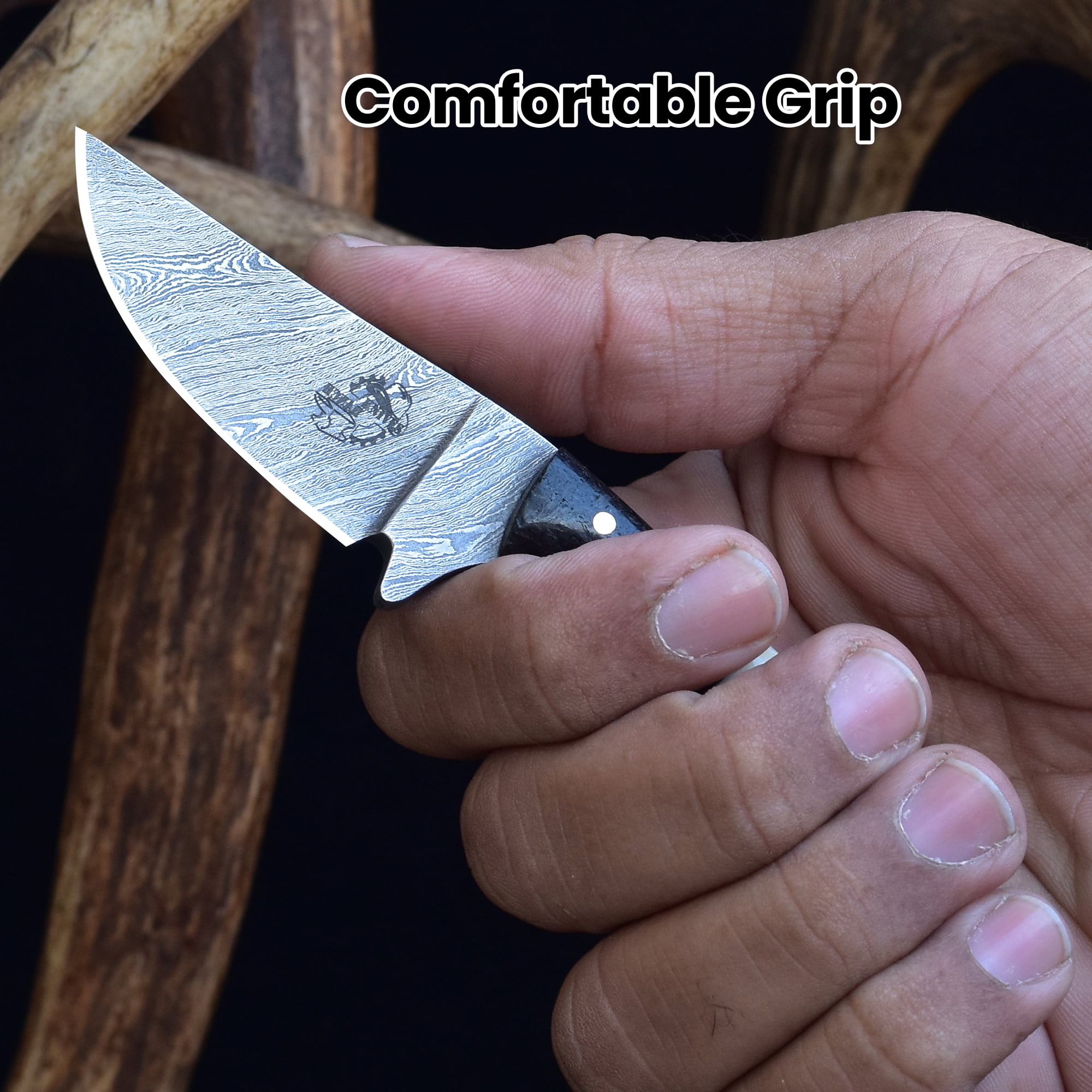 Knives Ranch 3133-SG Antler Neck Knife – Fixed Blade Pocket Knife with Leather Sheath & Paracord, Outdoor EDC Hunting Utility Knife