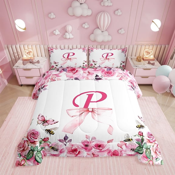 Floral Initial Letter P Comforter Set,Valentine's Day Bedding Set,ABC's Butterfly Honeybee Down Comforter,Princess Bow Reversible Bed Set with 1 Pillowcase Warm,Twin