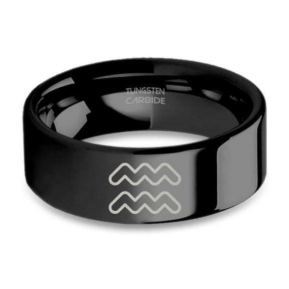 Aquarius Zodiac Symbol Engraved Black Tungsten Wedding Band, 8mm, Size 15