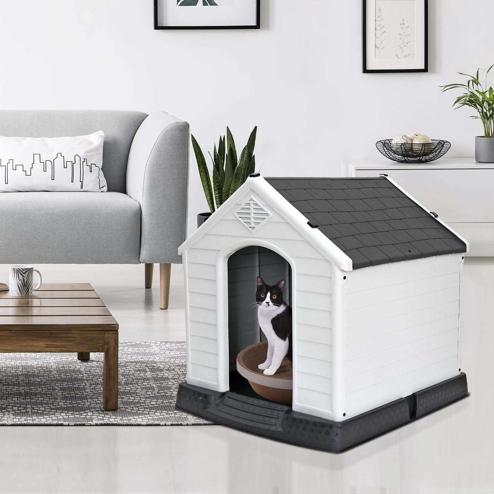 Large Dog House Indoor Outdoor Durable Plastic Kennel with Insulated Walls Air Vents Elevated Floor for Medium Big Dogs, Grey