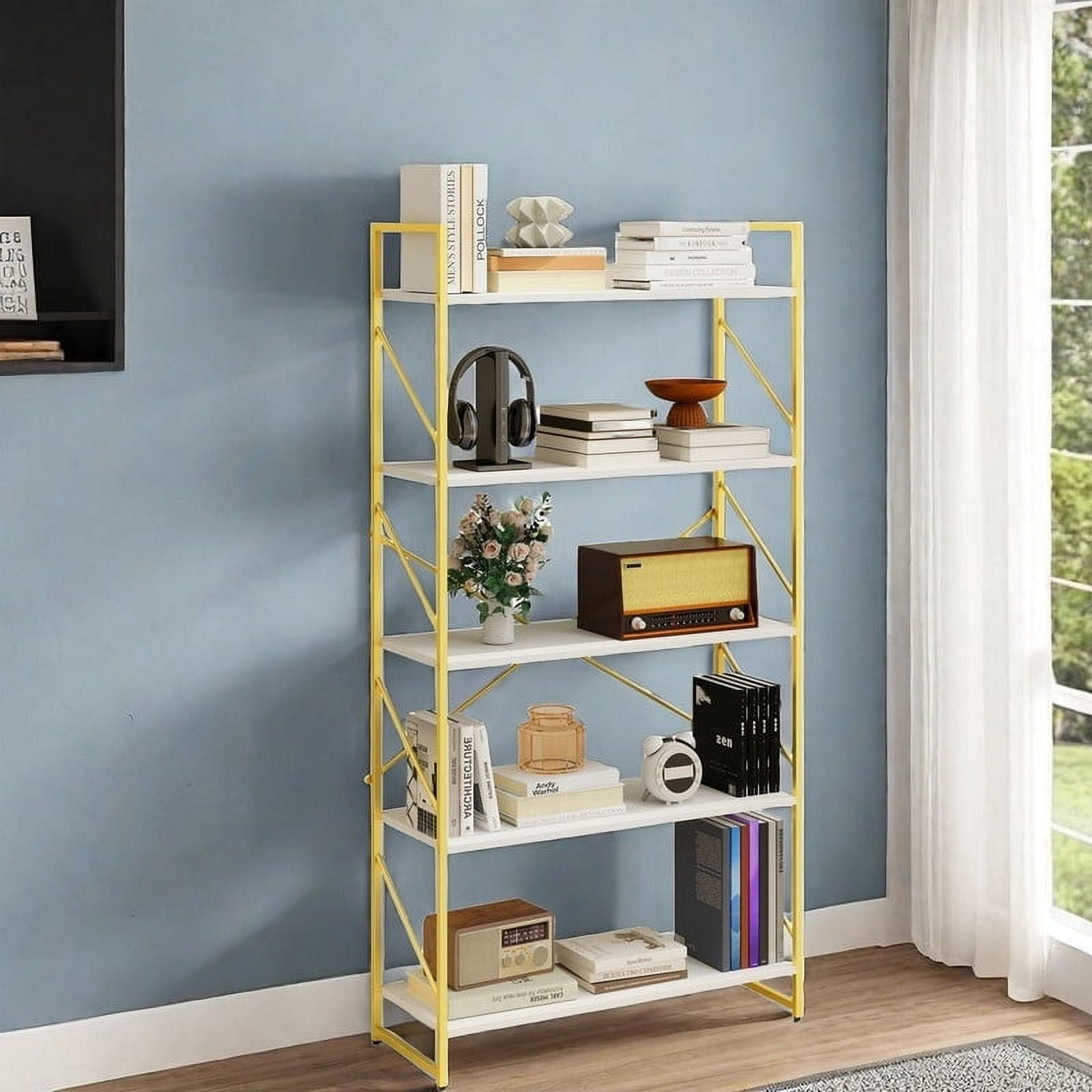 Uforic 5 Tier Bookshelf, Modern Gold& White Bookcase, Open Bookcase Storage Organizer for Bedroom, Living Room and Home Office, Gold